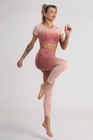 Compleu fitness din doua piese, top si pantaloni cu talie inalta Gradient, Roz Pudrat [4]