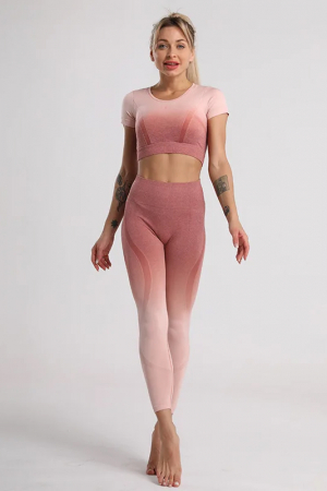 Compleu fitness din doua piese, top si pantaloni cu talie inalta Gradient, Roz Pudrat [3]