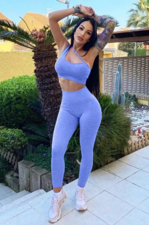 Compleu fitness modelator din doua piese, top asimetric și pantaloni cu talie înaltă, Albastru [4]