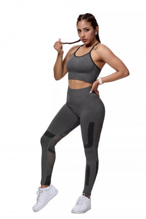 Compleuri - Compleu fitness modelator din doua piese, top cu susținere medie și pantaloni cu talie înaltă perforati, Gri