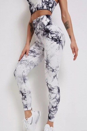 Compleu fitness modelator, bustiera si pantaloni modelatori cu talie in alta, Tie-Dye, Marble, Alb cu Negru [6]