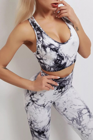 Compleu fitness modelator, bustiera si pantaloni modelatori cu talie in alta, Tie-Dye, Marble, Alb cu Negru [3]