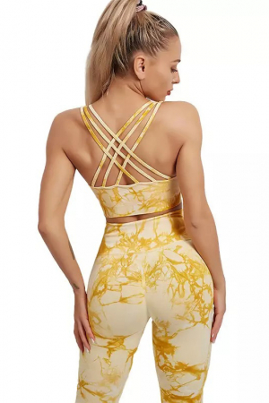 Compleu fitness modelator, bustiera si pantaloni modelatori cu talie in alta, Tie-Dye, Marble, Galben [3]