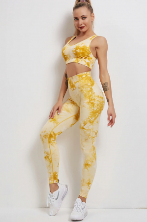 Reduceri - Compleu fitness modelator, bustiera si pantaloni modelatori cu talie in alta, Tie-Dye, Marble, Galben