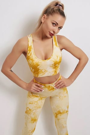 Compleu fitness modelator, bustiera si pantaloni modelatori cu talie in alta, Tie-Dye, Marble, Galben [7]