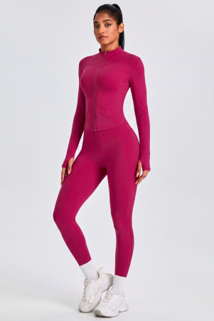 Compleuri - Compleu fitness modelator Contour, set jacheta si colanti cu talie inalta, Rosu Aprins