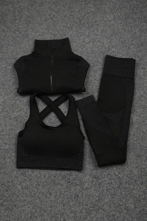 Set Fitness din 3 piese format din colanti modelatori cu talie inalta, top si hanorac Ellite, Negru [4]