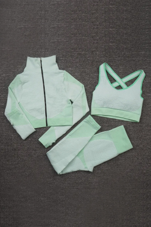 Set Fitness din 3 piese format din colanti modelatori cu talie inalta, top si hanorac Ellite, Verde Menta [3]