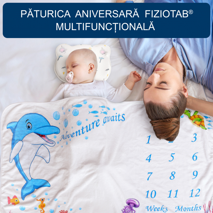 Paturica Aniversara FizioTab® Milestone, Fina si Pufoasa pentru Fotografii Memorabile Bebelusi, 100x150 cm, Chenare Selectare Varsta si Card din Lemn, Delfin [5]