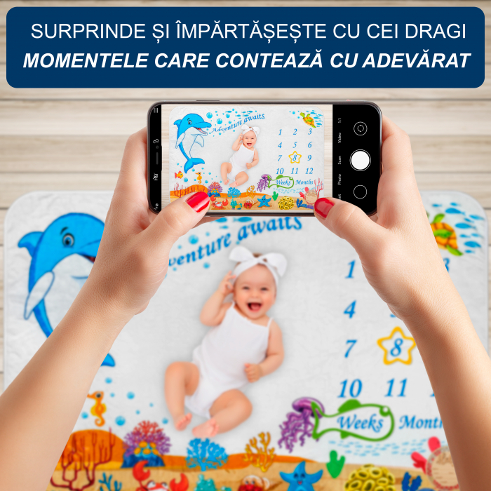 Paturica Aniversara FizioTab® Milestone, Fina si Pufoasa pentru Fotografii Memorabile Bebelusi, 100x150 cm, Chenare Selectare Varsta si Card din Lemn, Delfin [2]