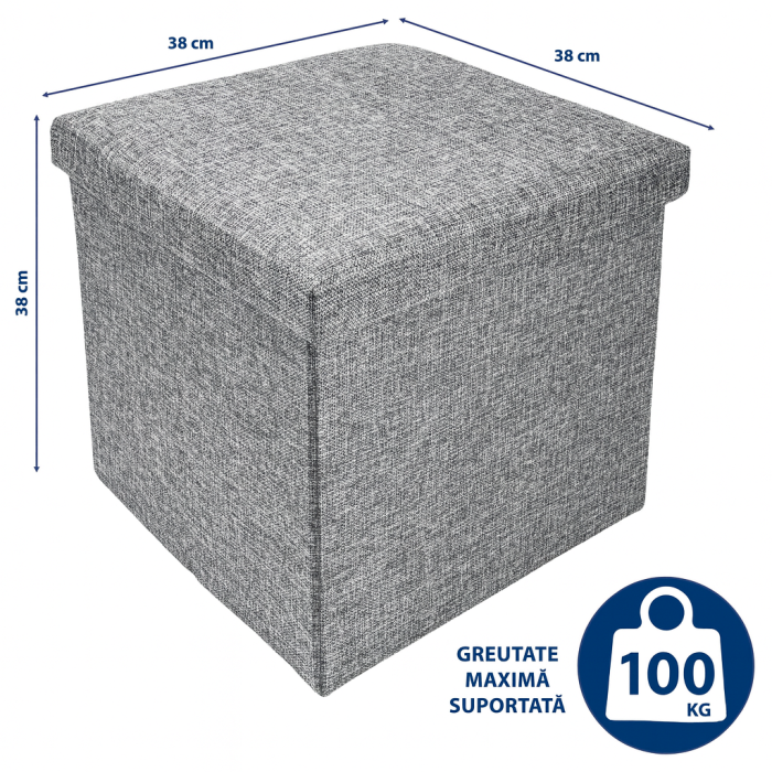 aburet Pliabil Textil cu Spatiu de Depozitare FizioTab®, Tip Cutie, Otoman, Culoare Gri, Cub 37X37X37 cm [5]