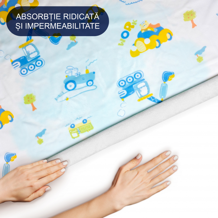 Aleza impermeabila mare pentru copii, FizioTab®, 80x100 cm, absorbanta si lavabila, refolosibila, tip paturica, pentru schimbat scutecul bebelusului, Tractorase [6]