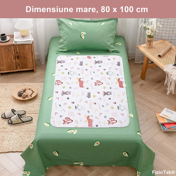 Aleza impermeabila mare pentru copii, FizioTab®, 80x100 cm, absorbanta si lavabila, refolosibila, tip paturica, pentru schimbat scutecul bebelusului, Veverite [10]