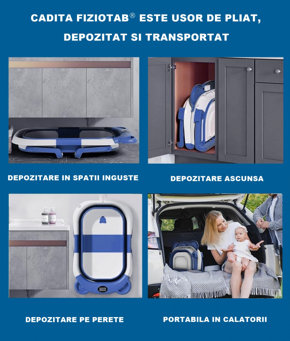 Cadita Bebelusi Pliabila cu Pernuta Ergonomica si Salteluta FizioTab®, Termometru Digital si Dop de Scurgere Incorporat, Canita pentru Clatire, Suport Sapun si Cap de Dus, Agatatoare, Albastru Inchis [3]
