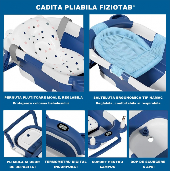 Cadita Bebelusi Pliabila cu Pernuta Ergonomica si Salteluta FizioTab®, Termometru Digital si Dop de Scurgere Incorporat, Canita pentru Clatire, Suport Sapun si Cap de Dus, Agatatoare, Albastru Inchis [2]
