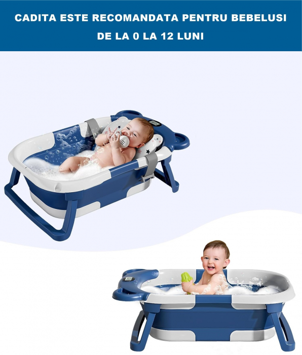 Cadita Bebelusi Pliabila cu Pernuta Ergonomica si Salteluta FizioTab®, Termometru Digital si Dop de Scurgere Incorporat, Canita pentru Clatire, Suport Sapun si Cap de Dus, Agatatoare, Albastru Inchis [8]