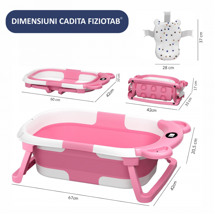 Cadita Bebelusi Pliabila cu Pernuta Ergonomica si Salteluta FizioTab®, Termometru Digital si Dop de Scurgere Incorporat, Canita pentru Clatire, Suport Sapun si Cap de Dus, Agatatoare, Roz [9]