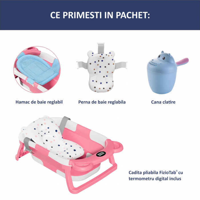 Cadita Bebelusi Pliabila cu Pernuta Ergonomica si Salteluta FizioTab®, Termometru Digital si Dop de Scurgere Incorporat, Canita pentru Clatire, Suport Sapun si Cap de Dus, Agatatoare, Roz [5]