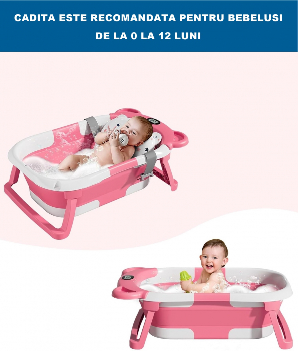 Cadita Bebelusi Pliabila cu Pernuta Ergonomica si Salteluta FizioTab®, Termometru Digital si Dop de Scurgere Incorporat, Canita pentru Clatire, Suport Sapun si Cap de Dus, Agatatoare, Roz [6]