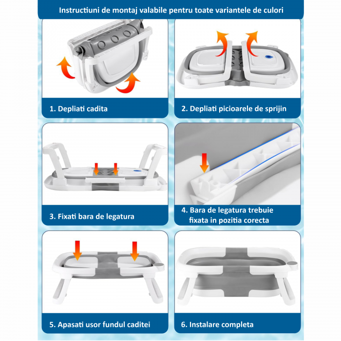Cadita Bebelusi Pliabila cu Pernuta Ergonomica si Salteluta FizioTab®, Termometru Digital si Dop de Scurgere Incorporat, Canita pentru Clatire, Suport Sapun si Cap de Dus, Agatatoare, Roz [7]