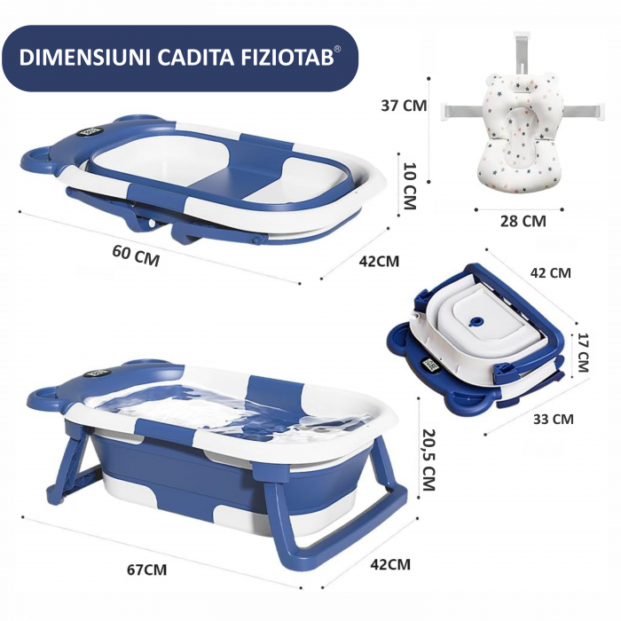 Cadita Bebelusi Pliabila cu Pernuta Ergonomica si Salteluta FizioTab®, Termometru Digital si Dop de Scurgere Incorporat, Canita pentru Clatire, Suport Sapun si Cap de Dus, Agatatoare, Albastru Inchis [10]