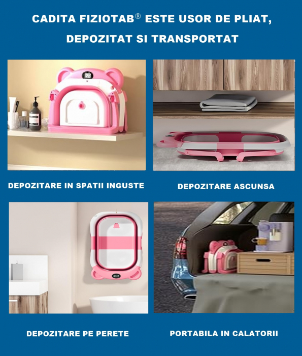 Cadita Bebelusi Pliabila cu Pernuta Ergonomica si Salteluta FizioTab®, Termometru Digital si Dop de Scurgere Incorporat, Canita pentru Clatire, Suport Sapun si Cap de Dus, Agatatoare, Roz [3]
