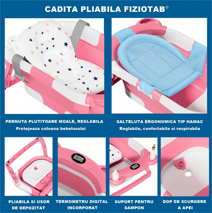 Cadita Bebelusi Pliabila cu Pernuta Ergonomica si Salteluta FizioTab®, Termometru Digital si Dop de Scurgere Incorporat, Canita pentru Clatire, Suport Sapun si Cap de Dus, Agatatoare, Roz [2]