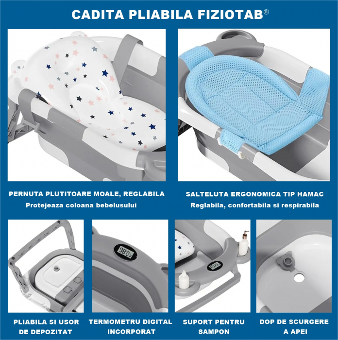 Cadita Bebelusi Pliabila cu Pernuta Ergonomica si Salteluta FizioTab®, Termometru Digital si Dop de Scurgere Incorporat, Canita pentru Clatire, Suport Sapun si Cap de Dus, Agatatoare, Gri [2]