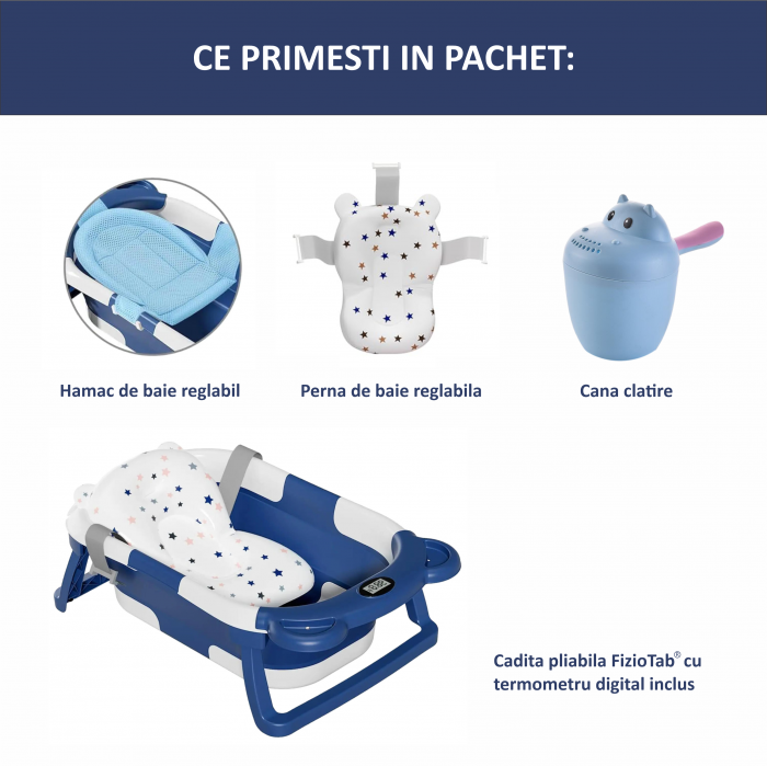 Cadita Bebelusi Pliabila cu Pernuta Ergonomica si Salteluta FizioTab®, Termometru Digital si Dop de Scurgere Incorporat, Canita pentru Clatire, Suport Sapun si Cap de Dus, Agatatoare, Albastru Inchis [7]