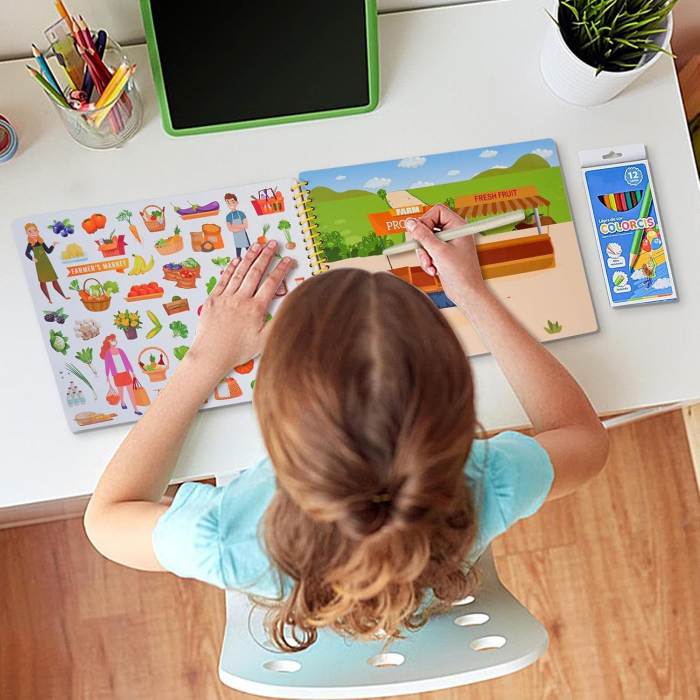 Carte Educativa pentru Copii FizioTab®, Tip Caiet cu Spirala, 600 + Stickere Reutilizabile, 13 Scene, 14 Pagini cu Imagini de Colorat si Desenat, Creioane Colorate Incluse, In Jurul Orasului [4]