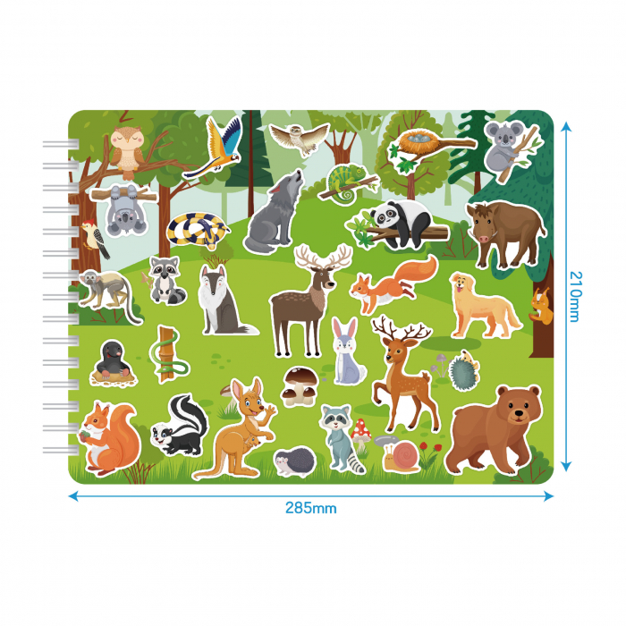 Carte Educativa pentru Copii FizioTab®, Tip Caiet cu Spirala, 600 + Stickere Reutilizabile, 13 Scene, 14 Pagini cu Imagini de Colorat si Desenat, Creioane Colorate Incluse, Habitatul Animalelor [11]