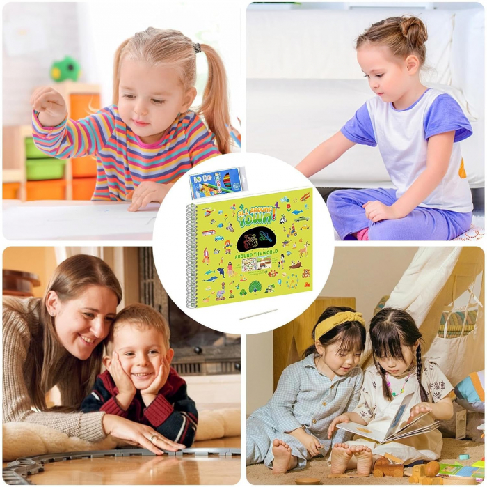 Carte Educativa pentru Copii FizioTab®, Tip Caiet cu Spirala, 600 + Stickere Reutilizabile, 13 Scene, 14 Pagini cu Imagini de Colorat si Desenat, Creioane Colorate Incluse, In Jurul Orasului [16]