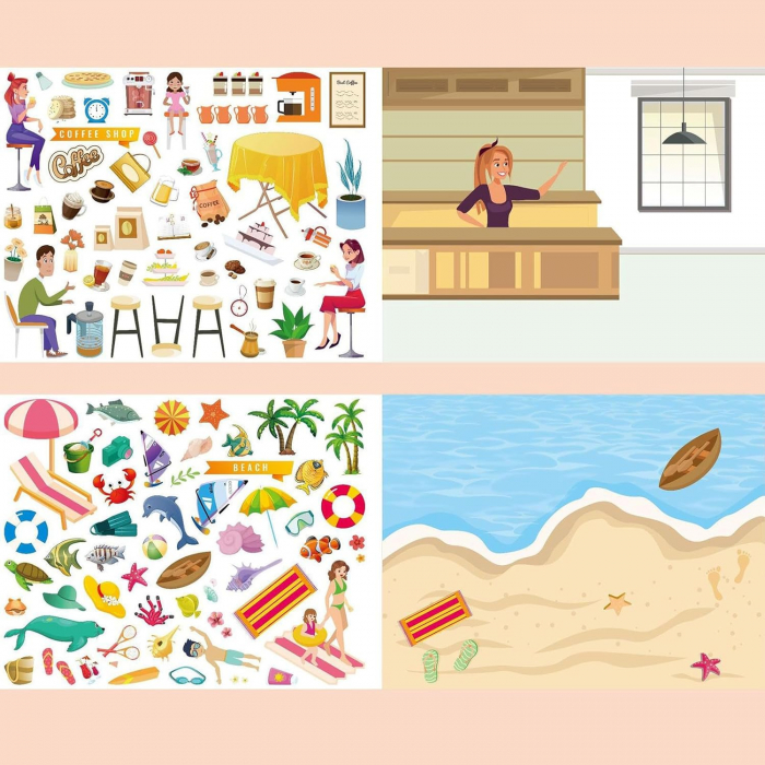 Carte Educativa pentru Copii FizioTab®, Tip Caiet cu Spirala, 600 + Stickere Reutilizabile, 13 Scene, 14 Pagini cu Imagini de Colorat si Desenat, Creioane Colorate Incluse, In Jurul Orasului [12]