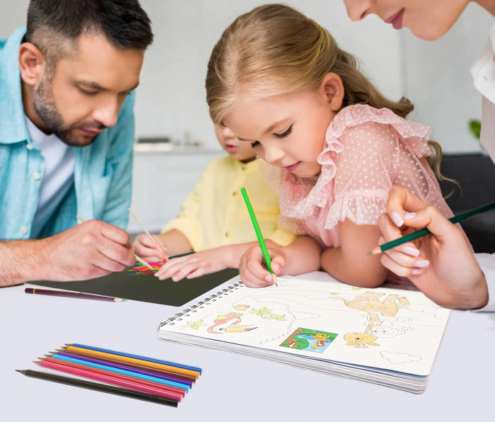 Carte Educativa pentru Copii FizioTab®, Tip Caiet cu Spirala, 600 + Stickere Reutilizabile, 13 Scene, 14 Pagini cu Imagini de Colorat si Desenat, Creioane Colorate Incluse, Habitatul Animalelor [6]