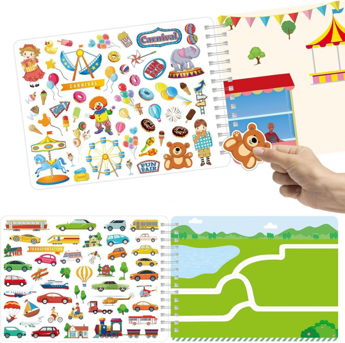 Carte Educativa pentru Copii FizioTab®, Tip Caiet cu Spirala, 600 + Stickere Reutilizabile, 13 Scene, 14 Pagini cu Imagini de Colorat si Desenat, Creioane Colorate Incluse, In Jurul Orasului [13]