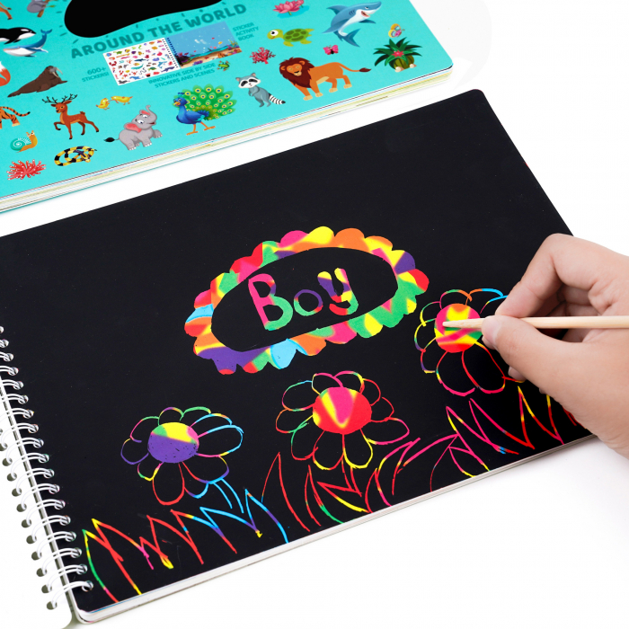 Carte Educativa pentru Copii FizioTab®, Tip Caiet cu Spirala, 600 + Stickere Reutilizabile, 13 Scene, 14 Pagini cu Imagini de Colorat si Desenat, Creioane Colorate Incluse, Habitatul Animalelor [4]