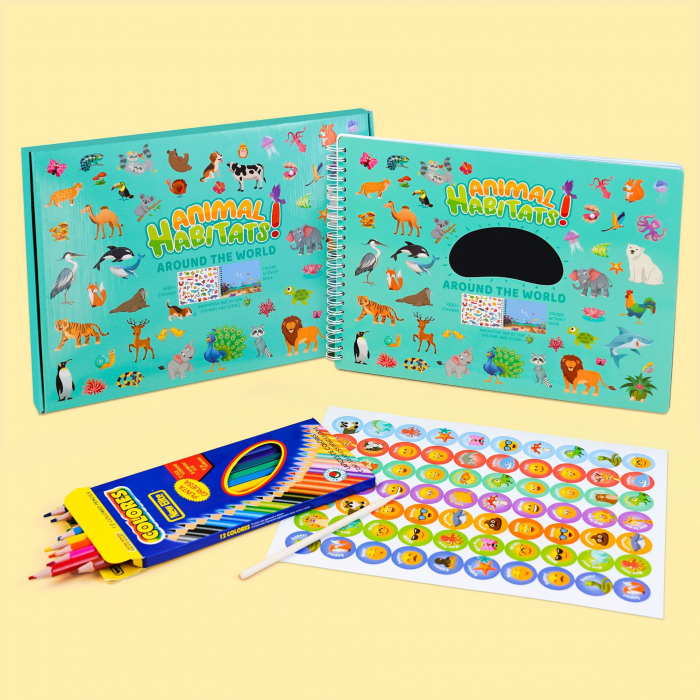 Carte Educativa pentru Copii FizioTab®, Tip Caiet cu Spirala, 600 + Stickere Reutilizabile, 13 Scene, 14 Pagini cu Imagini de Colorat si Desenat, Creioane Colorate Incluse, Habitatul Animalelor [16]