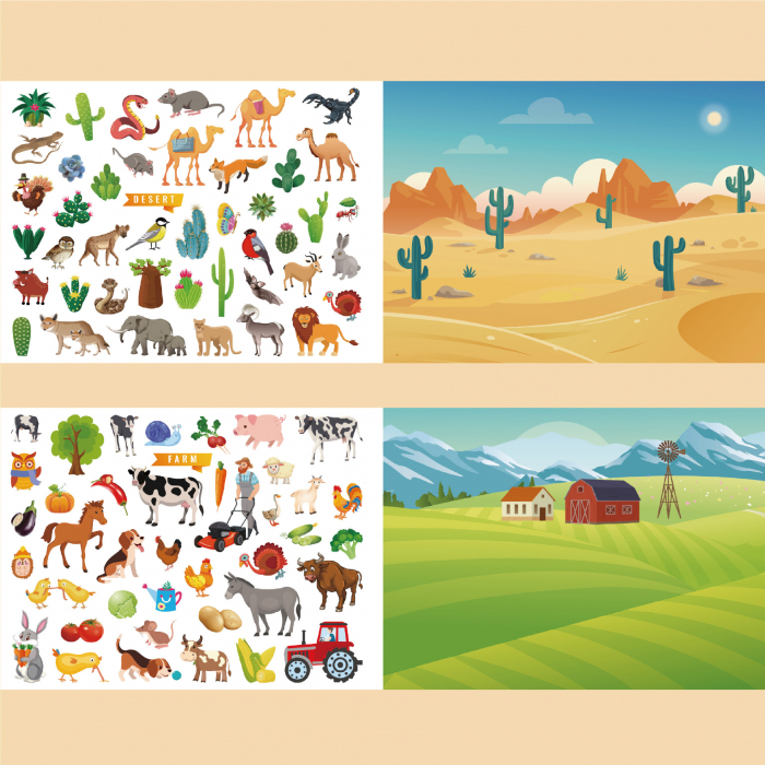 Carte Educativa pentru Copii FizioTab®, Tip Caiet cu Spirala, 600 + Stickere Reutilizabile, 13 Scene, 14 Pagini cu Imagini de Colorat si Desenat, Creioane Colorate Incluse, Habitatul Animalelor [8]