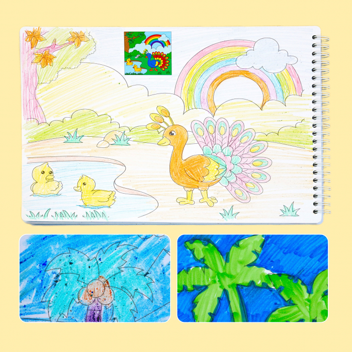 Carte Educativa pentru Copii FizioTab®, Tip Caiet cu Spirala, 600 + Stickere Reutilizabile, 13 Scene, 14 Pagini cu Imagini de Colorat si Desenat, Creioane Colorate Incluse, Habitatul Animalelor [14]