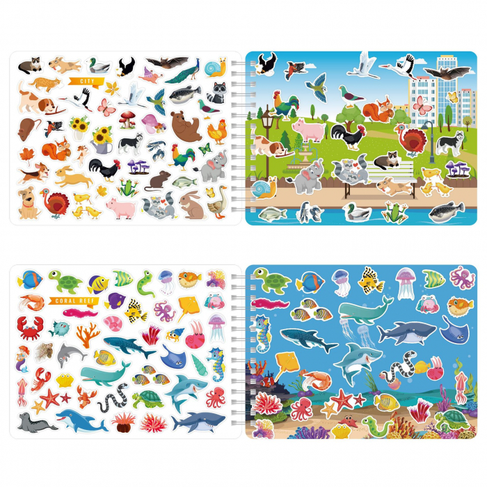 Carte Educativa pentru Copii FizioTab®, Tip Caiet cu Spirala, 600 + Stickere Reutilizabile, 13 Scene, 14 Pagini cu Imagini de Colorat si Desenat, Creioane Colorate Incluse, Habitatul Animalelor [7]