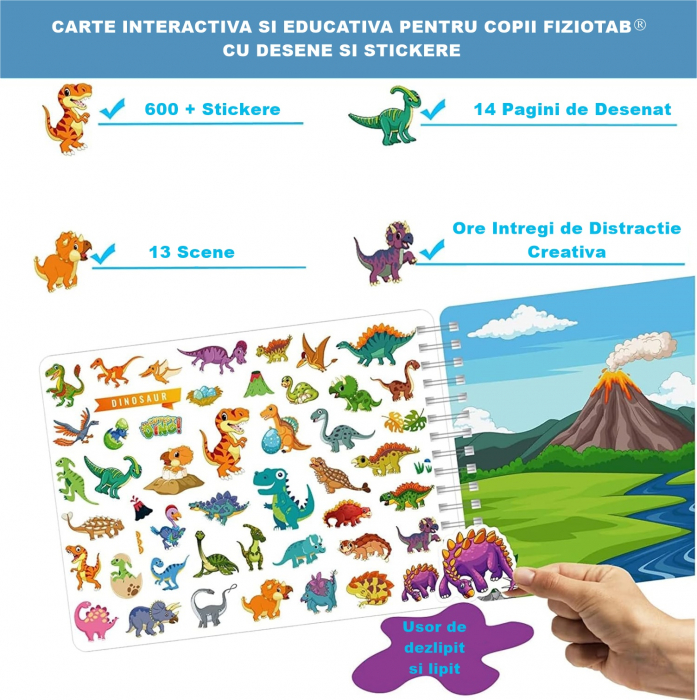 Carte Educativa pentru Copii FizioTab®, Tip Caiet cu Spirala, 600 + Stickere Reutilizabile, 13 Scene, 14 Pagini cu Imagini de Colorat si Desenat, Creioane Colorate Incluse, Habitatul Animalelor [2]