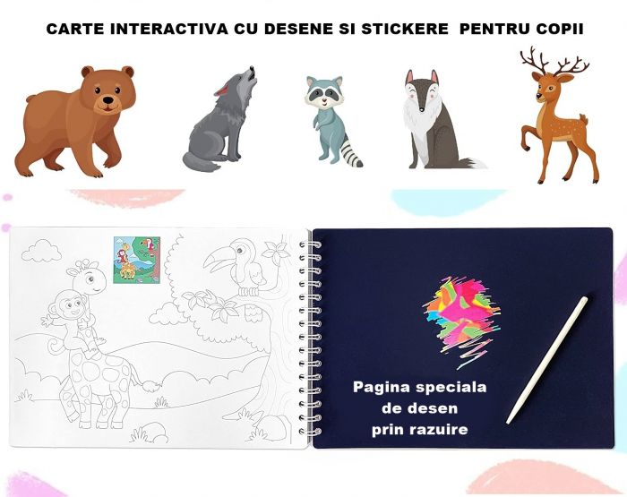Carte Educativa pentru Copii FizioTab®, Tip Caiet cu Spirala, 600 + Stickere Reutilizabile, 13 Scene, 14 Pagini cu Imagini de Colorat si Desenat, Creioane Colorate Incluse, Habitatul Animalelor [3]