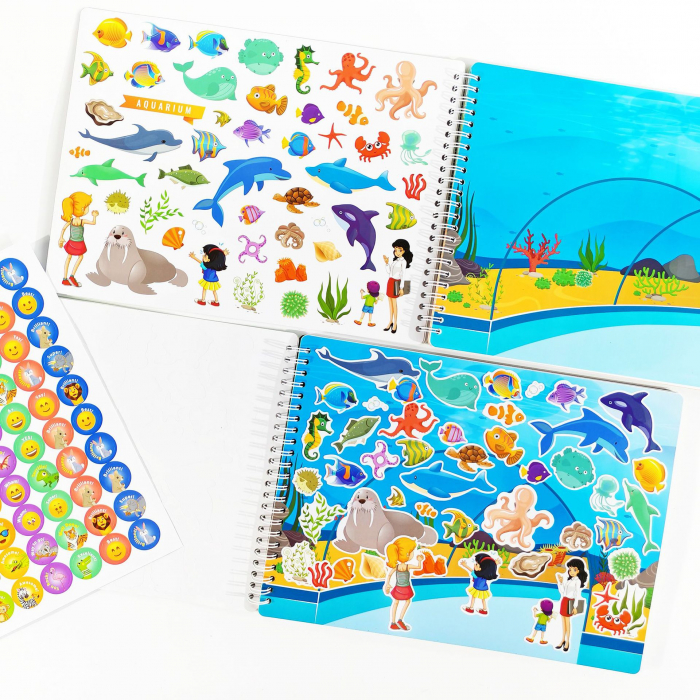 Carte Educativa pentru Copii FizioTab®, Tip Caiet cu Spirala, 600 + Stickere Reutilizabile, 13 Scene, 14 Pagini cu Imagini de Colorat si Desenat, Creioane Colorate Incluse, In Jurul Orasului [9]