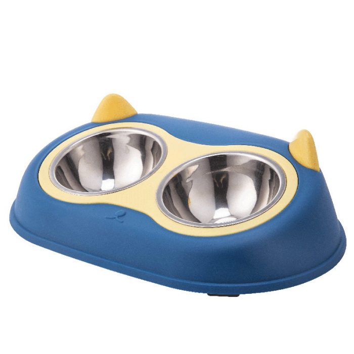 Castron cu 2 boluri FizioTab® si 2 Pungi Igienice, pentru Pisici si Caini de talie Mica, pentru Mancare si Apa, Antiderapant, Albastru cu Urechiuse Galbene [1]