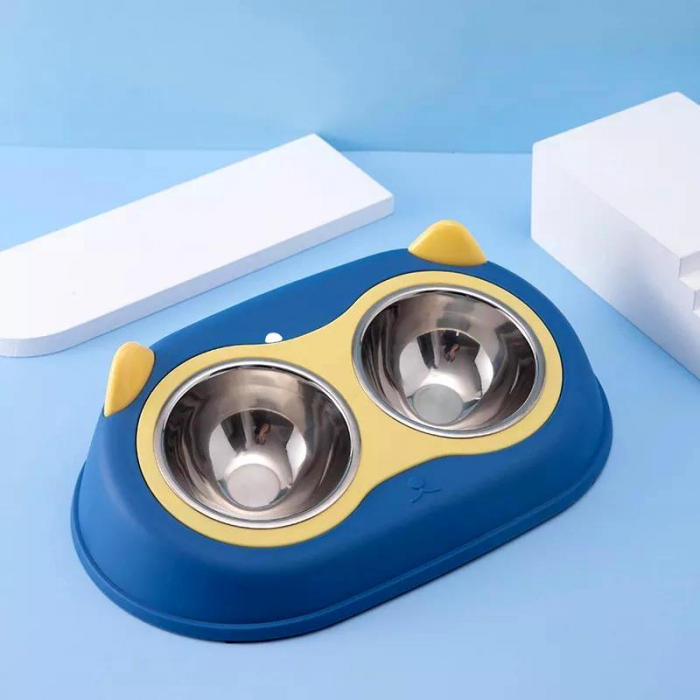 Castron cu 2 boluri FizioTab® si 2 Pungi Igienice, pentru Pisici si Caini de talie Mica, pentru Mancare si Apa, Antiderapant, Albastru cu Urechiuse Galbene [2]