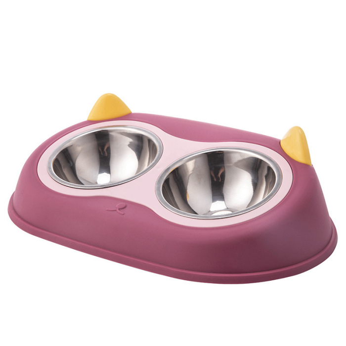 Castron cu 2 boluri FizioTab® si 2 Pungi Igienice, pentru Pisici si Caini de talie Mica, pentru Mancare si Apa, Antiderapant, Roz cu Urechiuse Galbene [1]