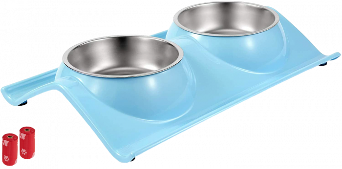 Castron Hranire cu 2 Boluri Inox, FizioTab® – Pentru Caini de Talie Mica si Pisicute, Albastru [1]
