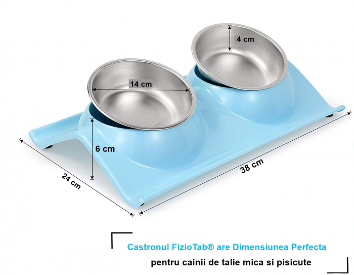 Castron Hranire cu 2 Boluri Inox, FizioTab® – Pentru Caini de Talie Mica si Pisicute, Albastru [5]