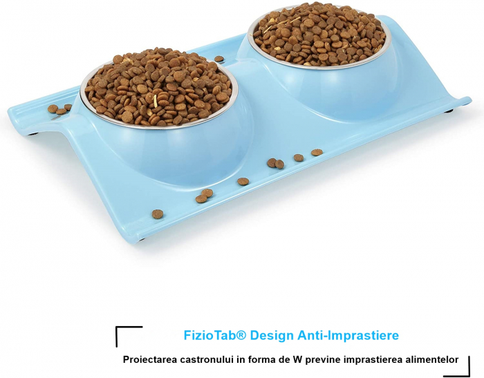 Castron Hranire cu 2 Boluri Inox, FizioTab® – Pentru Caini de Talie Mica si Pisicute, Albastru [3]