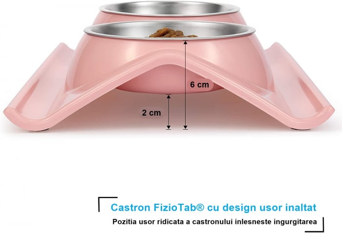 Castron Hranire cu 2 Boluri Inox, FizioTab® – Pentru Caini de Talie Mica si Pisicute, Roz [6]